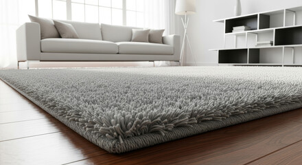 Gray fluffy carpet close up on wood floor in modern living room home interior