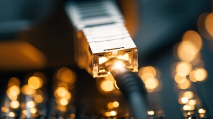 Ultra HD Fiber optic cable connected to a network device, glowing with light, symbolizing highspeed data transmission and modern communication technology video - Powered by Adobe