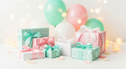 Pastel gift boxes and balloons with rose petals for birthday party celebration