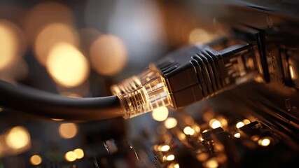 Ultra HD Closeup of an ethernet cable connected to a network port, glowing with warm bokeh lights in a data transfer concept video - Powered by Adobe