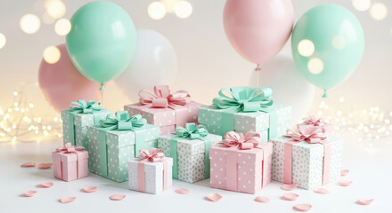 Pastel gift boxes and balloons with string lights for birthday party celebration