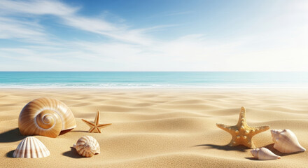 Tropical summer beach background with sand, seashells and starfish near blue sea and sky.