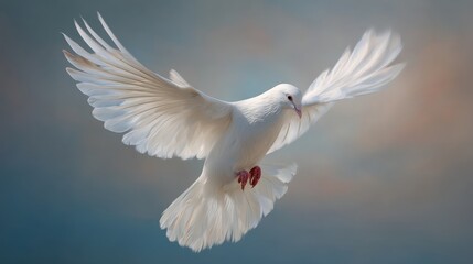 A white bird is in flight with its wings wide open showcasing beautiful feathers. The background has soft colors that suggest a clear sky during the day.