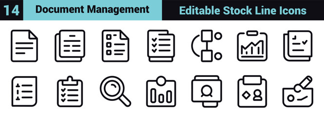 Black and white line icon set illustrating document management, data analysis, office productivity, and organizational tools