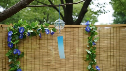 Beautiful wind chime hanging on tree branch
