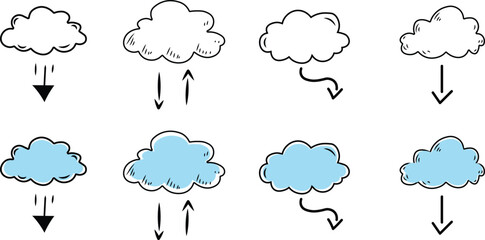 Cloud data transfer and storage icons hand drawn upload and download cloud symbols modern technology illustration set