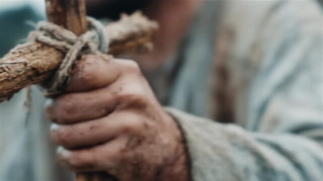 A rugged hand clutches a wooden cross, capturing moments of struggle and faith in a timeless journey through hope and perseverance under a vast sky