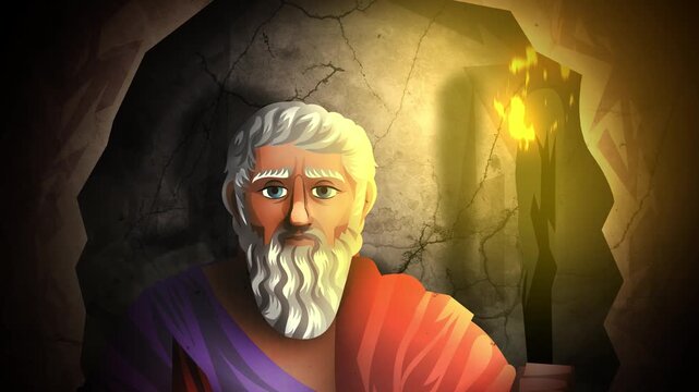 plato philosopher in the cave with a torch