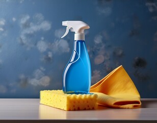 blue spray bottle yellow cloth sponge on countertop