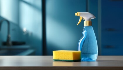 blue spray bottle and yellow sponge on countertop