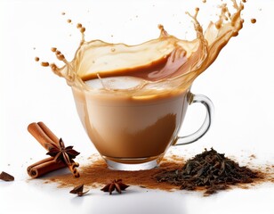 creamy chai latte and robust black tea splashes isolated on a white background capturing the essence of spicy warmth and coziness