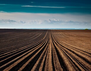dark flat plowed field rows of furrows extending to horizon