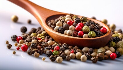 wooden spoon filled with mixed peppercorns