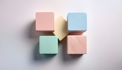 four pastel colored wooden blocks arranged in a loose geometric pattern against a white background