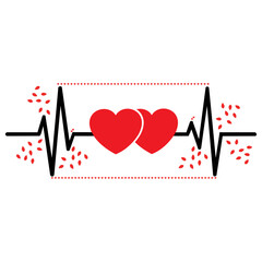 Heartbeat design with two red hearts on ecg line with sparks