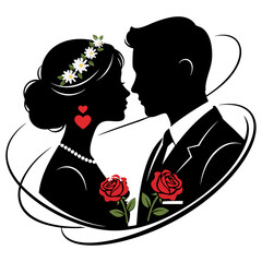 Romantic wedding couple silhouette with flowers and hearts isolated on white background