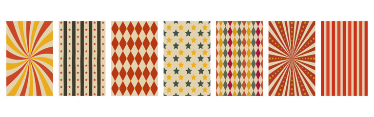 Retro circus patterns set: sunburst, vertical stripes, stars, and harlequin diamonds in vintage colors.