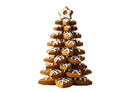 photorealistic macro close-up of precise gingerbread snowflake cookies stacked conically as a christmas tree, intricately piped with white royal icing on a brilliant white studio background. Concept