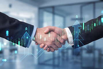 Two business professionals shaking hands with financial data overlays, symbolizing partnership and growth.