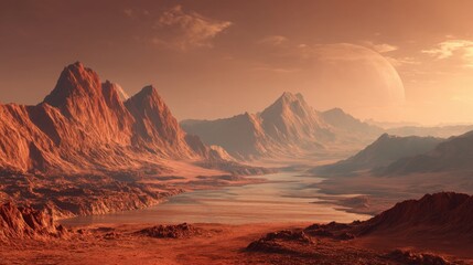 A rugged terrain features high mountains and a winding river. The orange sky shows the sun setting behind distant peaks. This scene appears to be on a faraway planet.