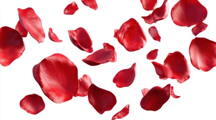 Red rose petals scatter freely in the air. This scene could be part of a wedding or romantic event. The petals create a vibrant display as they descend gracefully.