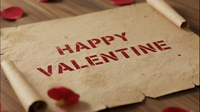 Vintage parchment scroll displays heartfelt happy valentine message with falling rose petals