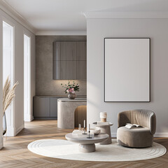 Modern Living Room Poster Frame Mockup with Natural Light and Minimalist Decoration. 3D render.