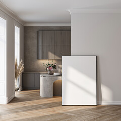 Modern Living Room Poster Frame Mockup with Natural Light and Minimalist Decoration. 3D render.