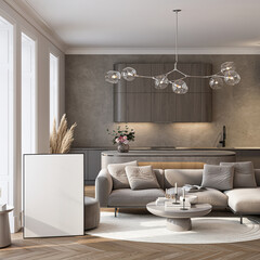 Modern Living Room Poster Frame Mockup with Natural Light and Minimalist Decoration. 3D render.