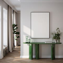 Modern Living Room Poster Frame Mockup with Natural Light and Minimalist Decoration. 3D render.