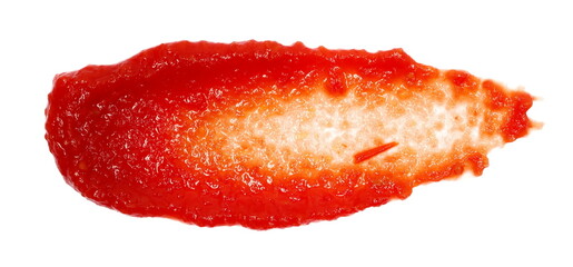Italian mashed tomatoes, organic pure drip texture, spread isolated on white, top view, clipping path