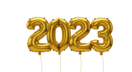 highly reflective gold foil balloons (2023) suspended, sharp focus on a transparent backdrop with negative copy space and cinematic studio lighting. luxurious new year advertisement aesthetic