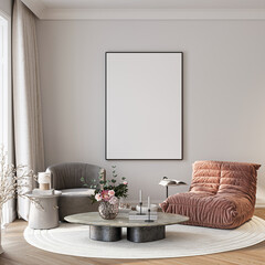 Modern Living Room Poster Frame Mockup with Natural Light and Minimalist Decoration. 3D render.
