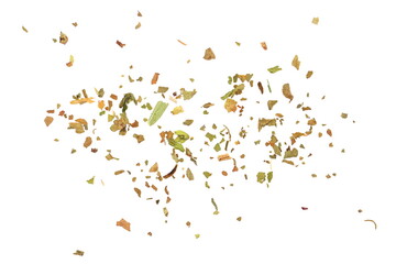 Obraz premium Dried and chopped basil spice pile flying isolated on white background, clipping path, macro 