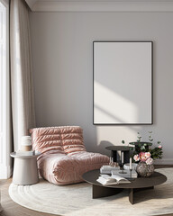 Modern Living Room Poster Frame Mockup with Natural Light and Minimalist Decoration. 3D render.