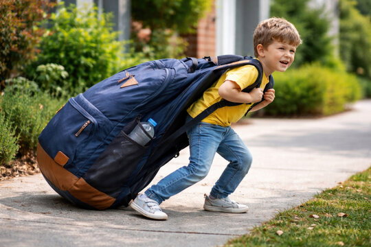 A boy with a huge backpack.