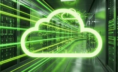 Futuristic neon data center cloud icon streaming across high‑speed server corridor