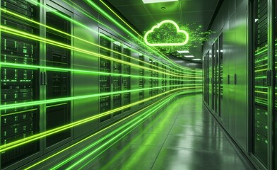 Futuristic neon data center cloud pathway through modern server room