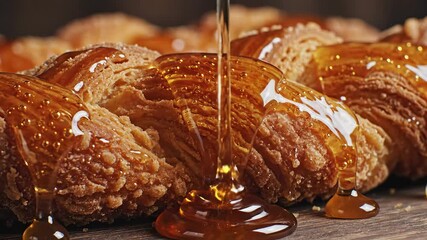 Golden amber honey slowly cascades and drips over the warm freshly baked intricately braided sweet bread creating a visually rich and appetizing closeup of a delicious dessert or breakfast pastry hig.