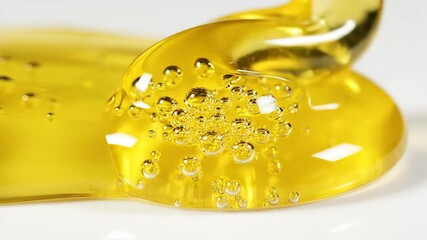 Golden viscous liquid with numerous small air bubbles slowly flowing and dripping creating a rich textured surface against a pristine white background highlighting its thick consistency and vibrant y.