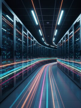 Futuristic neon data center network lanes curving through racks