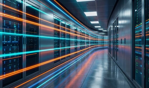 Futuristic neon data center bandwidth streaks in curved server hallway
