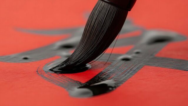 Close-up of a brush applying ink to create calligraphy on red paper.