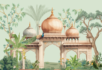 Mughal garden peacocks and tropical plants  botanical landscape illustration. Vintage Indian Mughal architecture with botanical garden composition. © Design 35