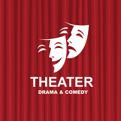 icon of comedy and tragedy theatrical masks with red curtains