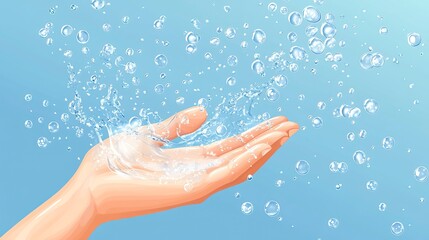 Water splashes from a hand against a blue background with bubbles during a sunny day in a garden or park setting