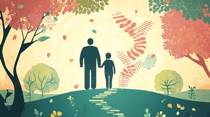 Father and child walk together through a colorful park with trees and plants during a bright afternoon
