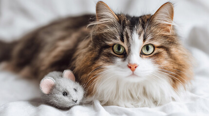 Realistic adult cat playing with toy mouse on soft surface at home Generative AI
