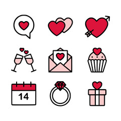 Valentine's Day love and romance icon set with hearts, ring, and gift