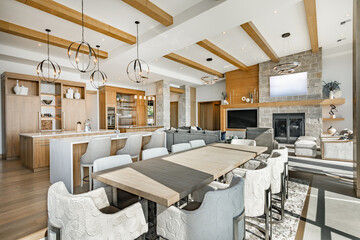 dreamy mountain modern open concept living space interior dining area kitchen rustic charm sophisticated contemporary elements waterfront ocean view expansive deck swimming pool hot tub beam ceiling